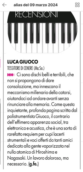 LUCA GIUOCO feat. ARLO BIGAZZI . E.M. ROSA LAVITA . RITA TEKEYAN . GIANLUCA BECUZZI and more... - Tessitore di cenere . CD