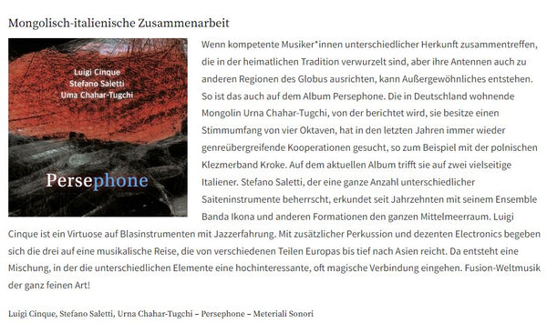 LUIGI CINQUE. STEFANO SALETTI. URNA CHAHAR-TUGCHI - Persephone . CD