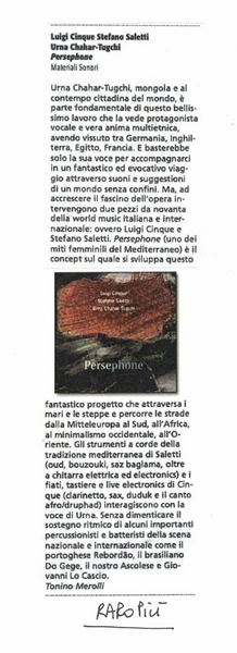 LUIGI CINQUE. STEFANO SALETTI. URNA CHAHAR-TUGCHI - Persephone . CD
