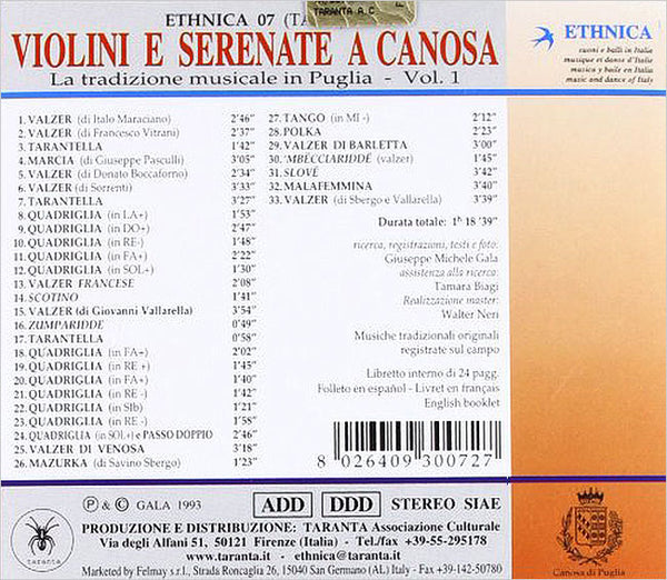 VARIOUS – Le Tradizioni Musicali In Puglia, Vol. 1: Violini e Serenate a Canosa . CD