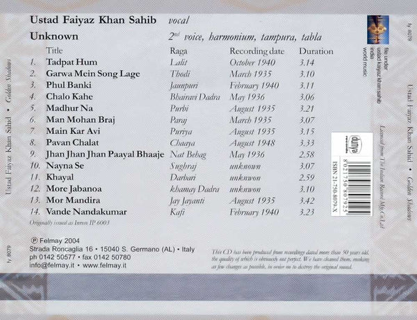 USTAD FAIYAZ KHAN SAHIB - Golden Shadows . CD