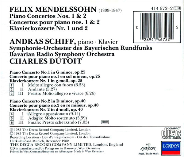 FELIX MENDELSSOHN . Piano Concertos Nos. 1 & 2 . CD