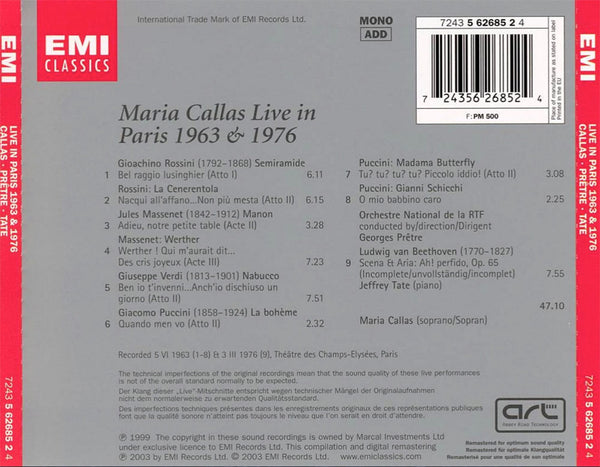 MARIA CALLAS - Live in Paris 1963 and 1976 . CD