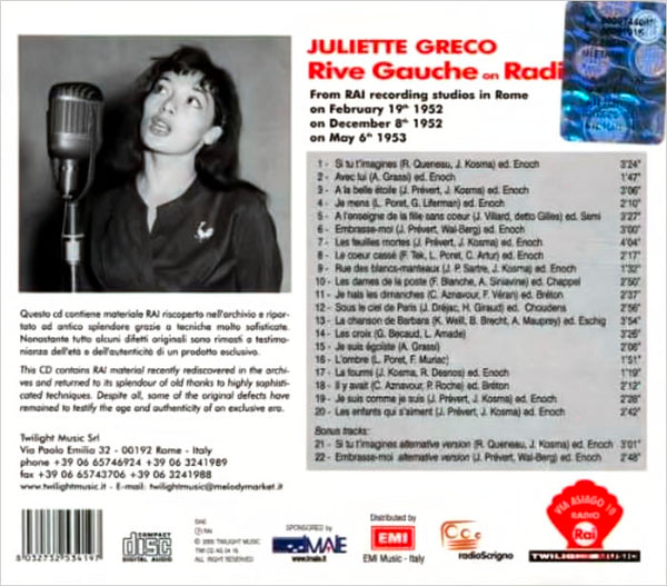 JULIETTE GRECO - Rive Gauche on Radio . CD
