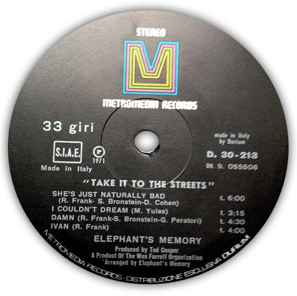 ELEPHANT'S MEMORY – Take It To The Streets . LP . Label1